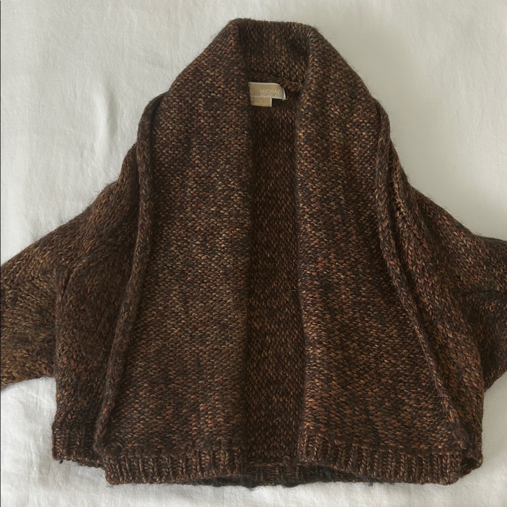 Michael Kors Rich Brown Knit Crop Cardigan Shrug L Nylon Wool Mix